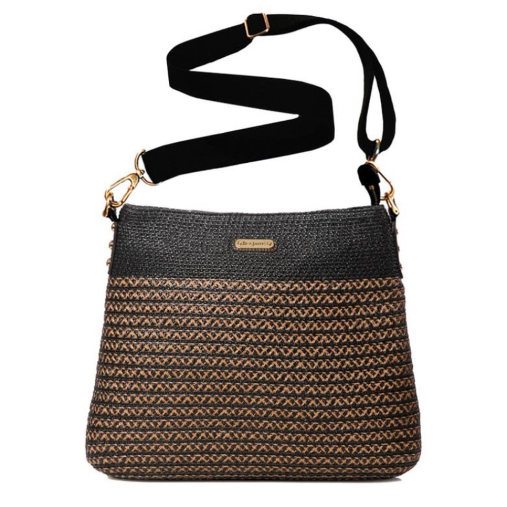 Eric Javits Messenger Crossbody Squishee, Two Tone, Black/Jute, Gold Hardware